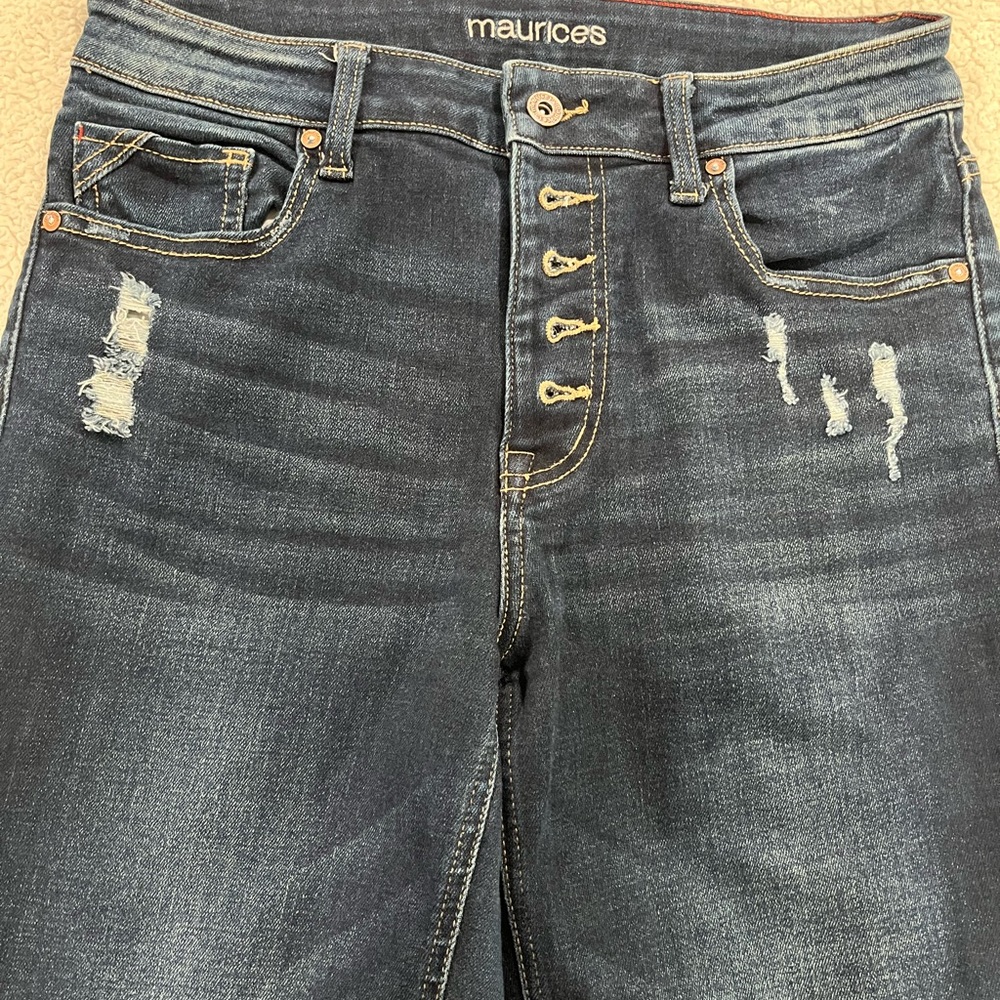 Maurices High Rise Dark Wash Distressed Flare Jeans